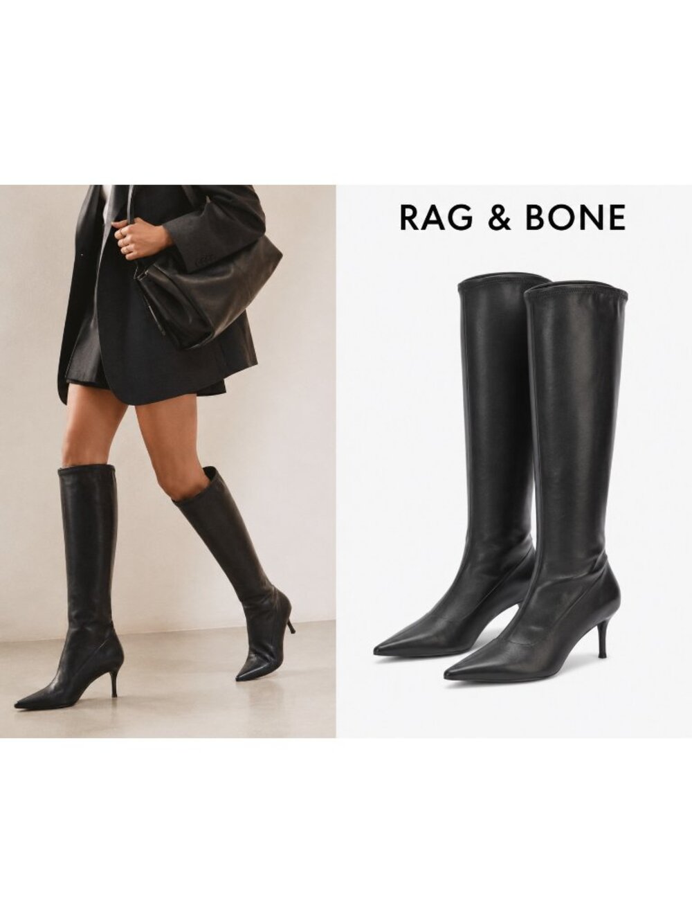 Rag & Bone Mercer Leather Knee High Boots Black Pointed Toe Kitten Heel EU 37
